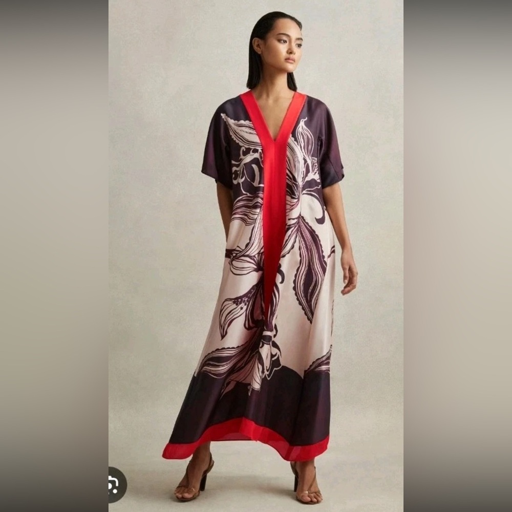 Reiss Hanna Printed Front Split Midi Dress in Ivory/Burgundy Size Us 8 Msrp $490
